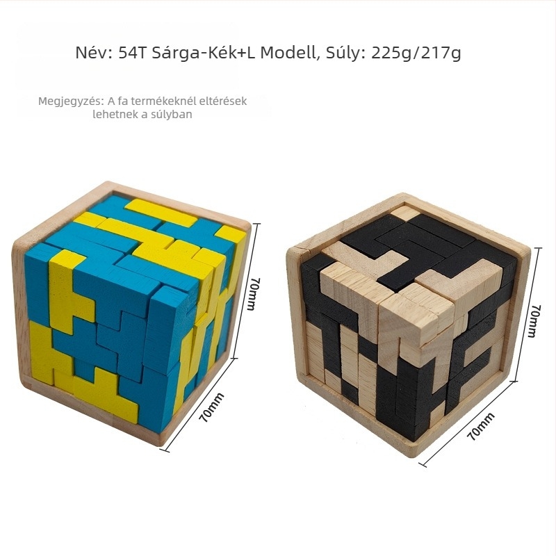 Fából készült Luban zár puzzle — 54T, Tetris ihletésű, 14+ korosztály, stresszoldó, bliszteres csomagolás