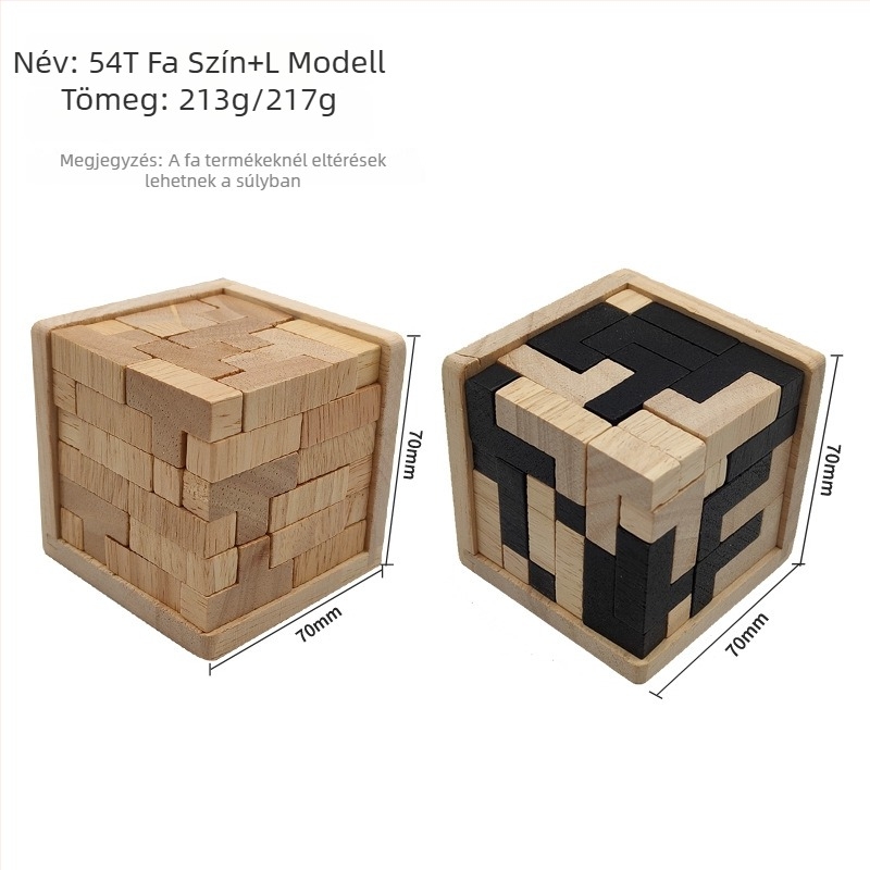 Fából készült Luban zár puzzle — 54T, Tetris ihletésű, 14+ korosztály, stresszoldó, bliszteres csomagolás