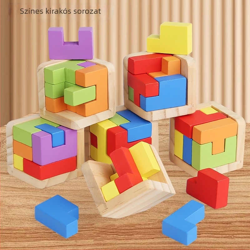 Fából készült 3D-s kocka-puzzle stresszoldásra – kioldógyűrű és zármechanizmus; (anyag: fa; kategória: kioldás/nyitás; kor: 4–6 év; testreszabás elérhető)