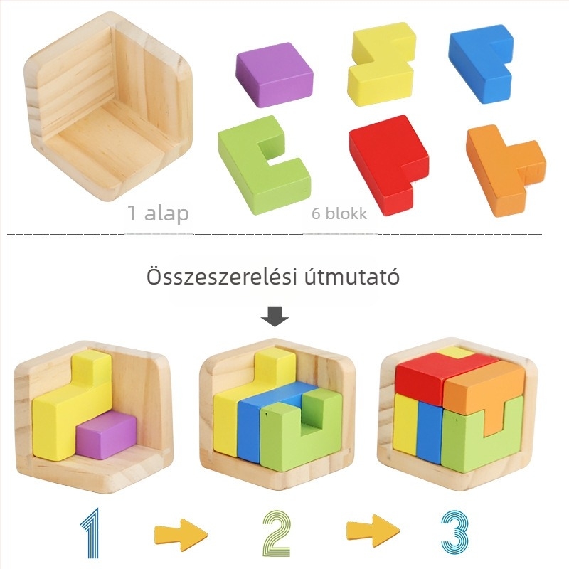 Fából készült 3D-s kocka-puzzle stresszoldásra – kioldógyűrű és zármechanizmus; (anyag: fa; kategória: kioldás/nyitás; kor: 4–6 év; testreszabás elérhető)