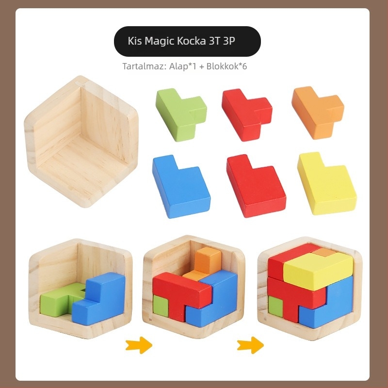 Fából készült 3D-s kocka-puzzle stresszoldásra – kioldógyűrű és zármechanizmus; (anyag: fa; kategória: kioldás/nyitás; kor: 4–6 év; testreszabás elérhető)