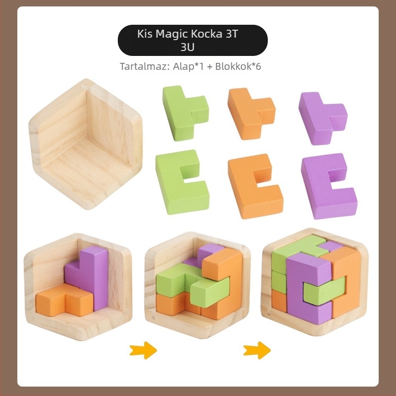 Fából készült 3D-s kocka-puzzle stresszoldásra – kioldógyűrű és zármechanizmus; (anyag: fa; kategória: kioldás/nyitás; kor: 4–6 év; testreszabás elérhető)