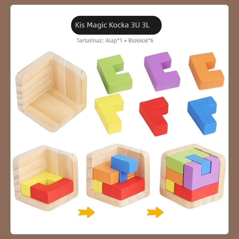 Fából készült 3D-s kocka-puzzle stresszoldásra – kioldógyűrű és zármechanizmus; (anyag: fa; kategória: kioldás/nyitás; kor: 4–6 év; testreszabás elérhető)