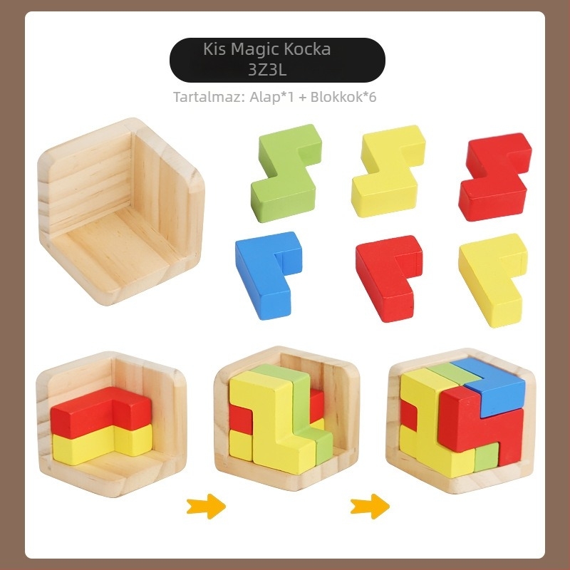 Fából készült 3D-s kocka-puzzle stresszoldásra – kioldógyűrű és zármechanizmus; (anyag: fa; kategória: kioldás/nyitás; kor: 4–6 év; testreszabás elérhető)
