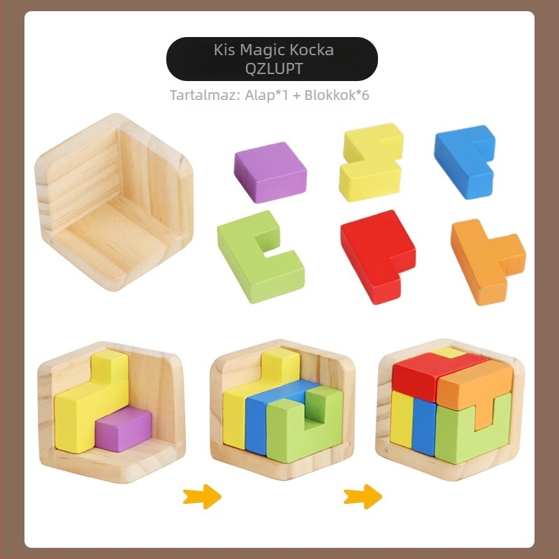 Fából készült 3D-s kocka-puzzle stresszoldásra – kioldógyűrű és zármechanizmus; (anyag: fa; kategória: kioldás/nyitás; kor: 4–6 év; testreszabás elérhető)