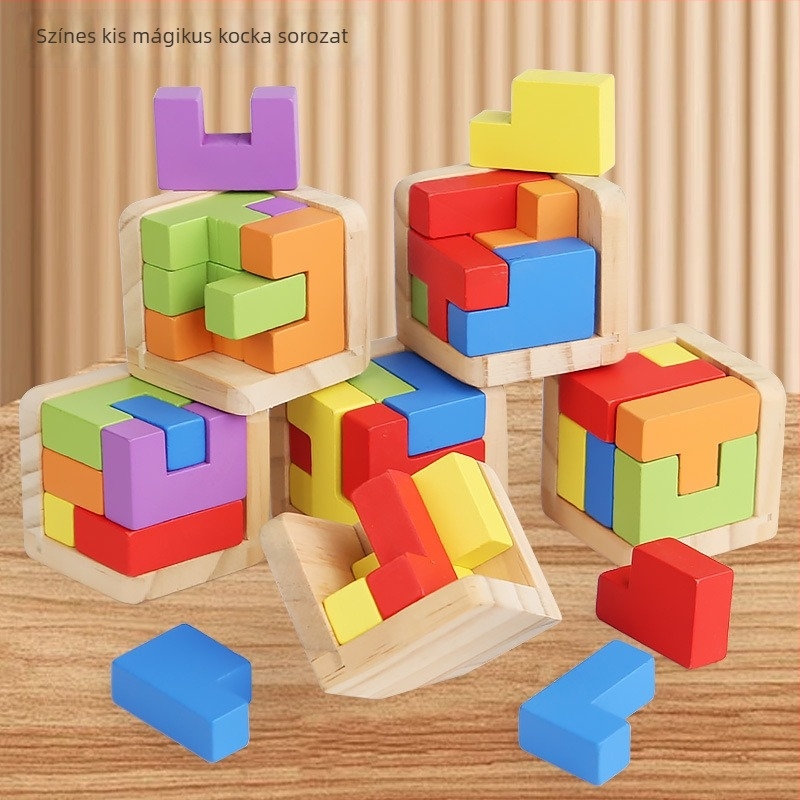 Fából készült 3D-s kocka-puzzle stresszoldásra – kioldógyűrű és zármechanizmus; (anyag: fa; kategória: kioldás/nyitás; kor: 4–6 év; testreszabás elérhető)