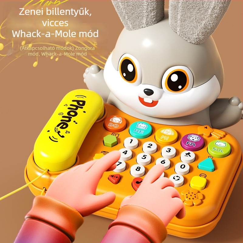 Oktató gyerekjáték: kétnyelvű nyuszis telefon, zene, mesék és versek, digitális algoritmusok; elemes, műanyag kivitel; 0–3 éveseknek.
