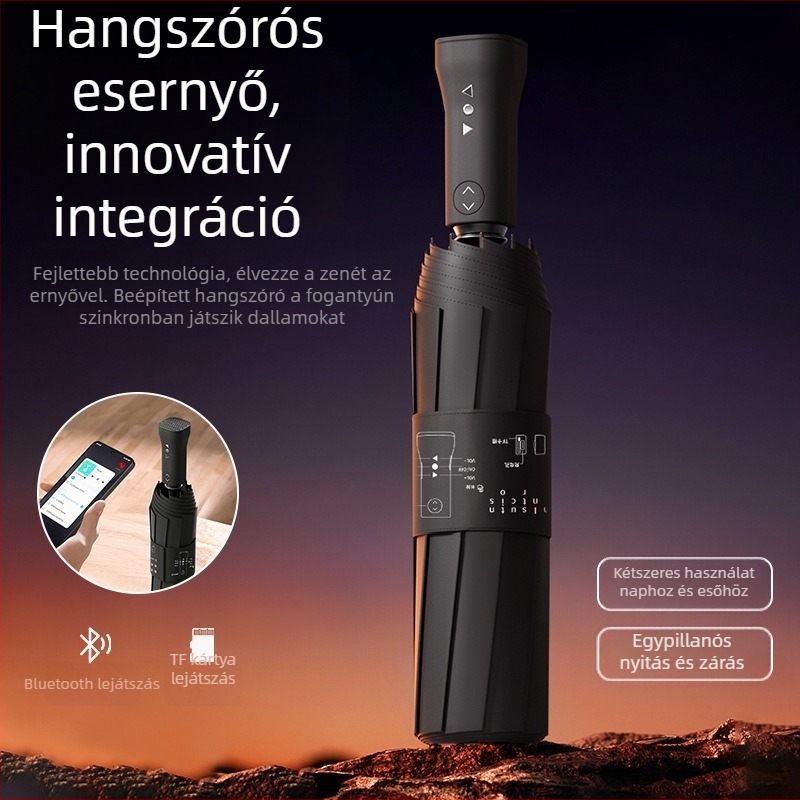 Bluetooth hangszórós esernyő automata nyitás-zárás, szélálló 10‑bordás váz, 280T bevonat anyag, kettős használat: nap és eső, összecsukható pánttal