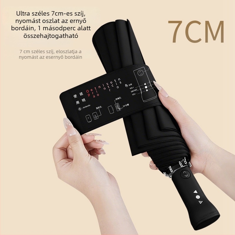 Bluetooth hangszórós esernyő automata nyitás-zárás, szélálló 10‑bordás váz, 280T bevonat anyag, kettős használat: nap és eső, összecsukható pánttal