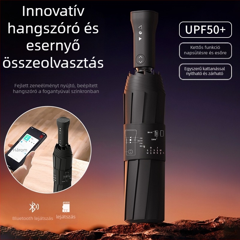 Bluetooth hangszórós esernyő automata nyitás-zárás, szélálló 10‑bordás váz, 280T bevonat anyag, kettős használat: nap és eső, összecsukható pánttal