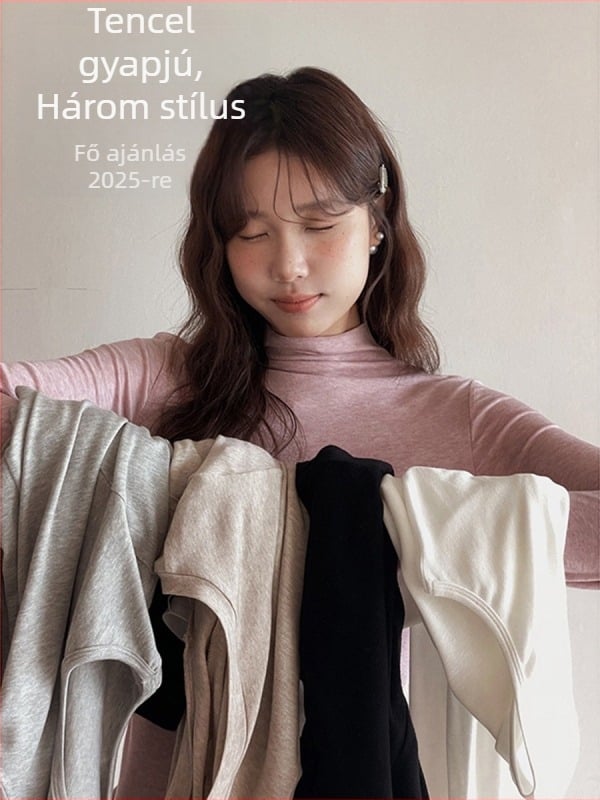 Női Tencel kötött alaprétegű felső, színblokkal, hosszú ujjú, magas gallér, 70-80% Lyocell