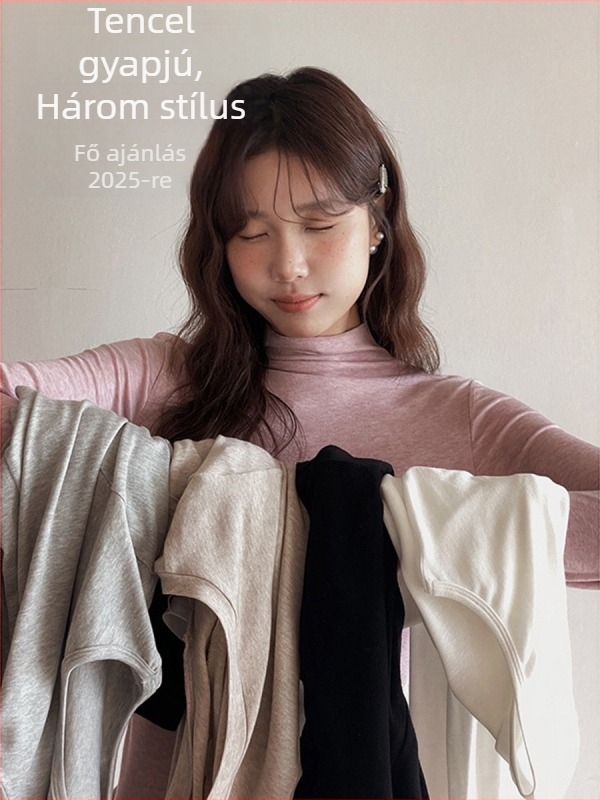 Női Tencel kötött alaprétegű felső, színblokkal, hosszú ujjú, magas gallér, 70-80% Lyocell