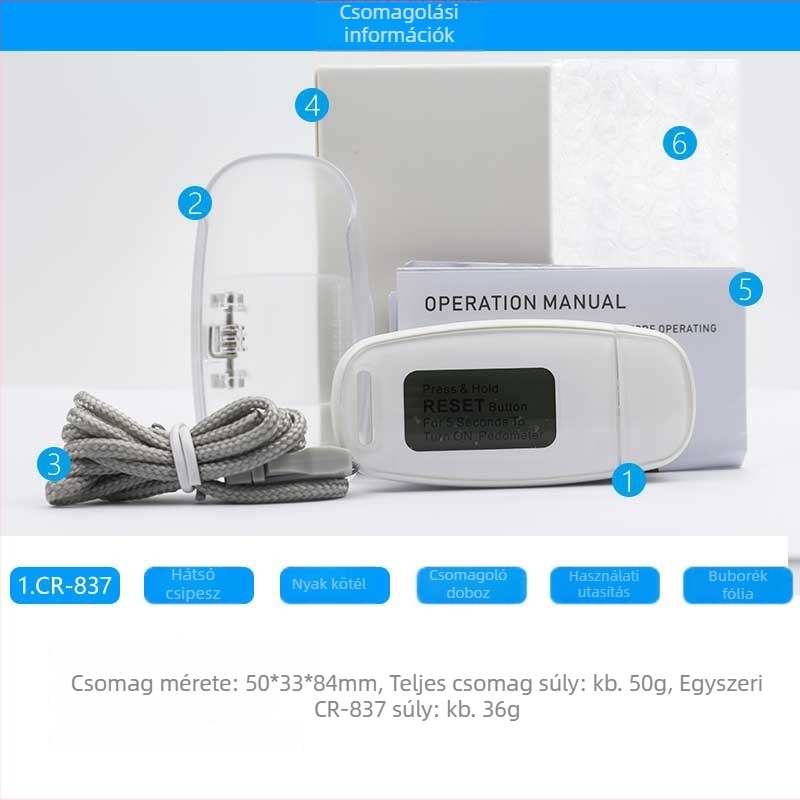 3D háttérvilágítású lépésszámláló egyfunkciós működéssel, hátklipsz és nyakpánt, ABS tokozás, specifikációk: 50