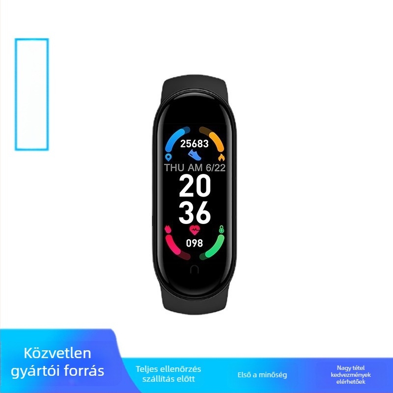 M6 okos karkötő 90mAh-s akkumulátorral, tömege 42 g, műanyag tokozás és TPU szíj, üzemidő 7 nap alatt