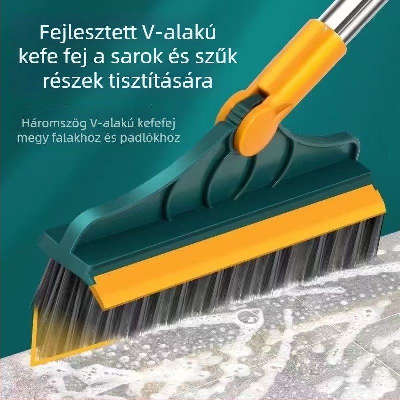 Padlótisztító kefé kemény sörtékkel és V- alakú repedéskaparóval, hosszú nyeletű, műanyagból és rozsdamentes acélból