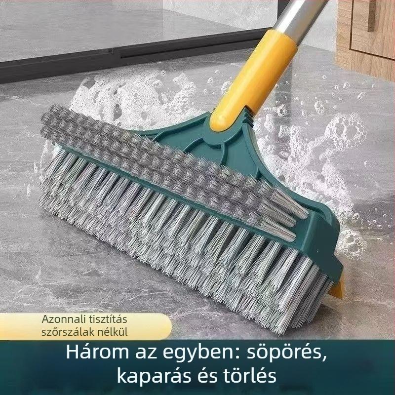 Padlótisztító kefé kemény sörtékkel és V- alakú repedéskaparóval, hosszú nyeletű, műanyagból és rozsdamentes acélból