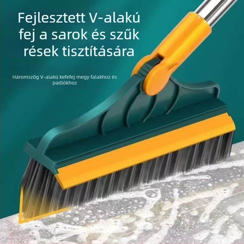 Padlótisztító kefé kemény sörtékkel és V- alakú repedéskaparóval, hosszú nyeletű, műanyagból és rozsdamentes acélból