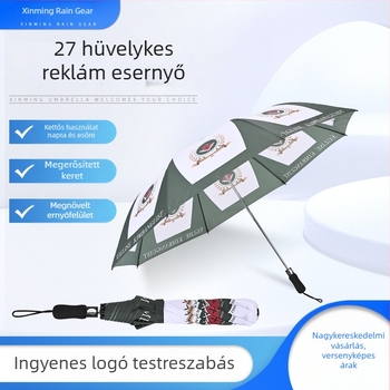 27 hüvelykes összecsukható esernyő, két hajtással, fél-autó nyitás, 8 borda, egyedi logó, napsütéshez és esőhöz