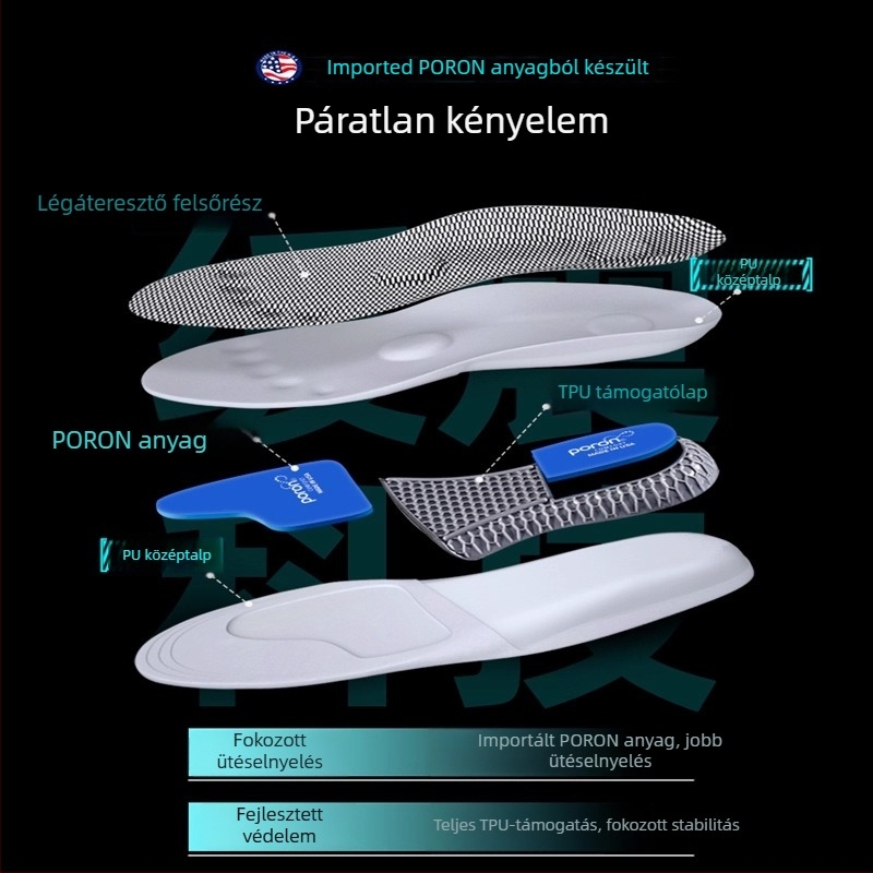 Ív- és boltozat-támaszú sporttalpbetét, PU anyagból, modell P923poron arch, teljes talp, ütéscsillapító, alkalmas sportcipőkhöz, bőrcipőkhöz és hétköznapi cipőkhöz