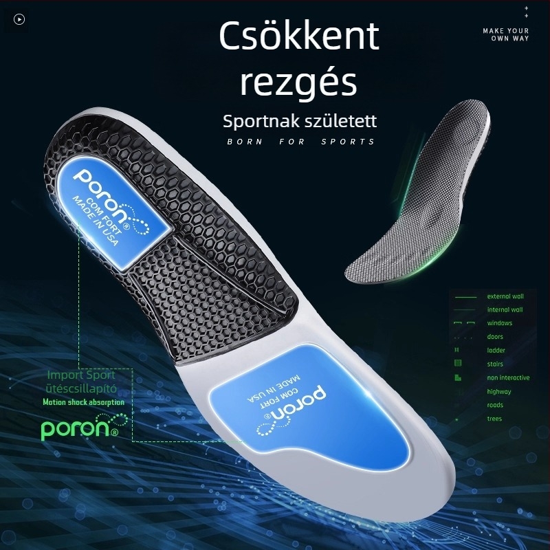 Ív- és boltozat-támaszú sporttalpbetét, PU anyagból, modell P923poron arch, teljes talp, ütéscsillapító, alkalmas sportcipőkhöz, bőrcipőkhöz és hétköznapi cipőkhöz