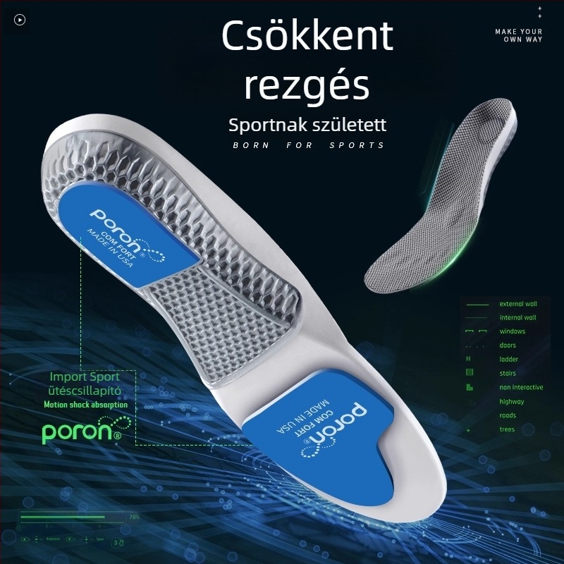 Ív- és boltozat-támaszú sporttalpbetét, PU anyagból, modell P923poron arch, teljes talp, ütéscsillapító, alkalmas sportcipőkhöz, bőrcipőkhöz és hétköznapi cipőkhöz