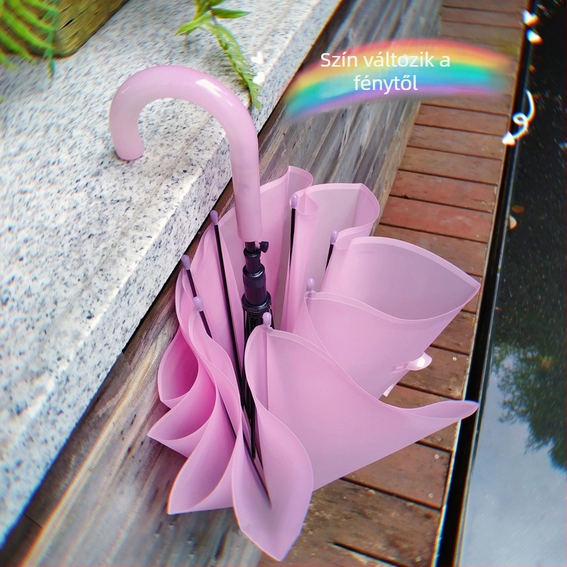 Átlátszó esernyő automatikus nyitással és hosszú nyéllel, 8 rostból álló váz, acél tengely, műanyag vászon