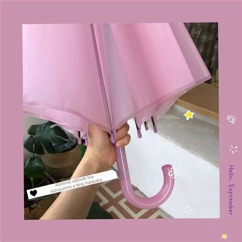 Átlátszó esernyő automatikus nyitással és hosszú nyéllel, 8 rostból álló váz, acél tengely, műanyag vászon