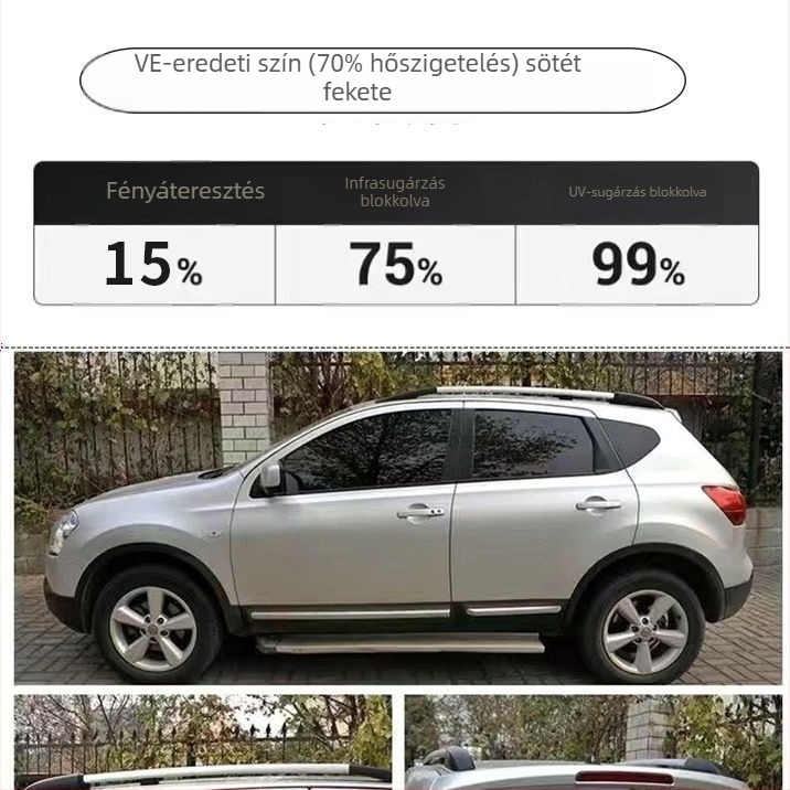 Nano-kerámia autófilm teljes autó lefedettséggel, fényáteresztés 70–80%, UV-védelem 90% felett