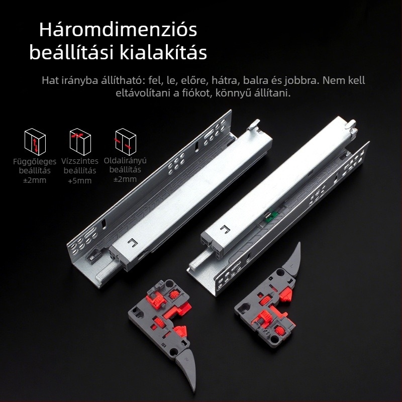 Rejtett háromrészes szekrénycsúszka szinkronos puffertámogatással, alsó sín; Anyag: hideg-hengerelt acél; Felület: galvanizált