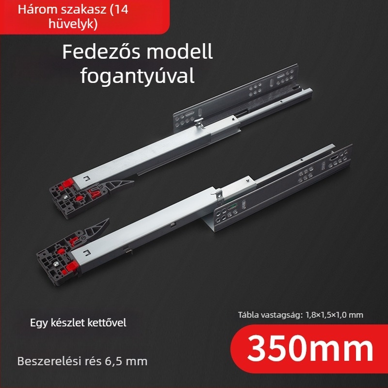 Rejtett háromrészes szekrénycsúszka szinkronos puffertámogatással, alsó sín; Anyag: hideg-hengerelt acél; Felület: galvanizált
