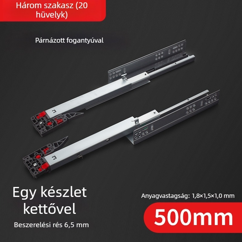 Rejtett háromrészes szekrénycsúszka szinkronos puffertámogatással, alsó sín; Anyag: hideg-hengerelt acél; Felület: galvanizált
