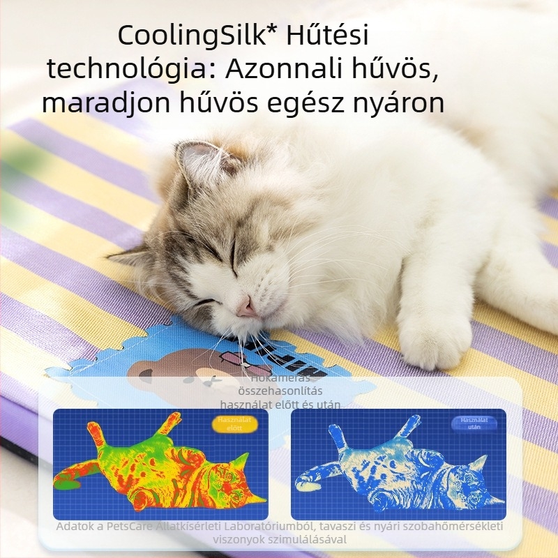 Kis méretű kutyáknak és macskáknak hűtő Ice-Silk matrac — rajzfilm mintás, csíkos nyári kisállatágy