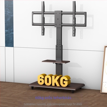 Mobil földön álló TV állvány tárolópolccal, univerzális kerekekkel és hidegen hengerelt acélból készült konstrukcióval; kompatibil intelligens televíziókkal.
