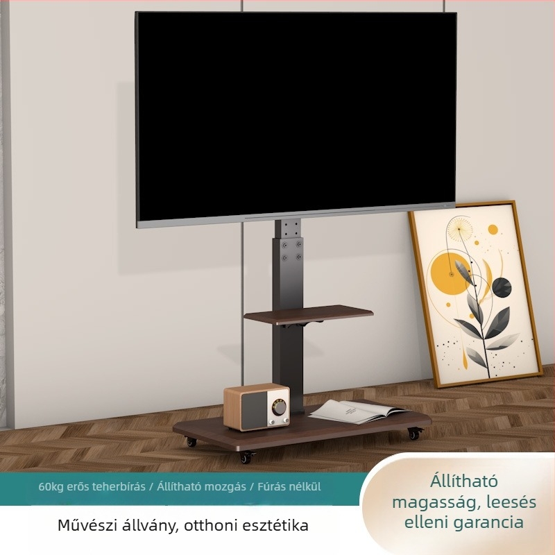 Mobil földön álló TV állvány tárolópolccal, univerzális kerekekkel és hidegen hengerelt acélból készült konstrukcióval; kompatibil intelligens televíziókkal.