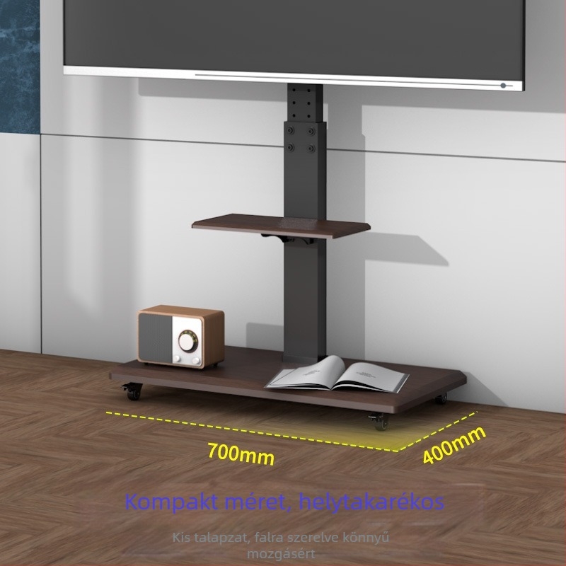 Mobil földön álló TV állvány tárolópolccal, univerzális kerekekkel és hidegen hengerelt acélból készült konstrukcióval; kompatibil intelligens televíziókkal.