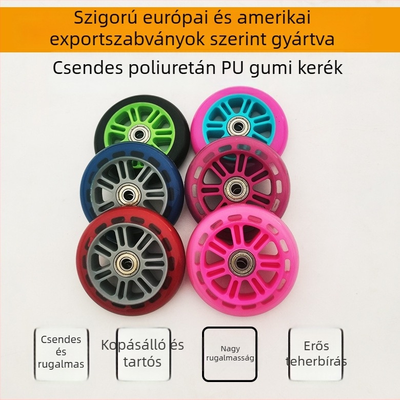 PU 4 hüvelykes csendes, magas rugalmasságú kerekek görkorcsolyákhoz, robogókhoz, babakocsikhoz, poggyász-kocsikhoz és bevásárlókocsikhoz – nagy sebességű középtengelyes kerekek