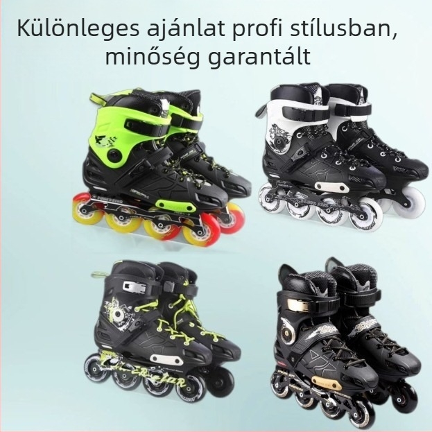 Inline korcsolyák PVC felsőrésszel, PU kerekekkel, tehénín ín talppal, egy sor kerékkel