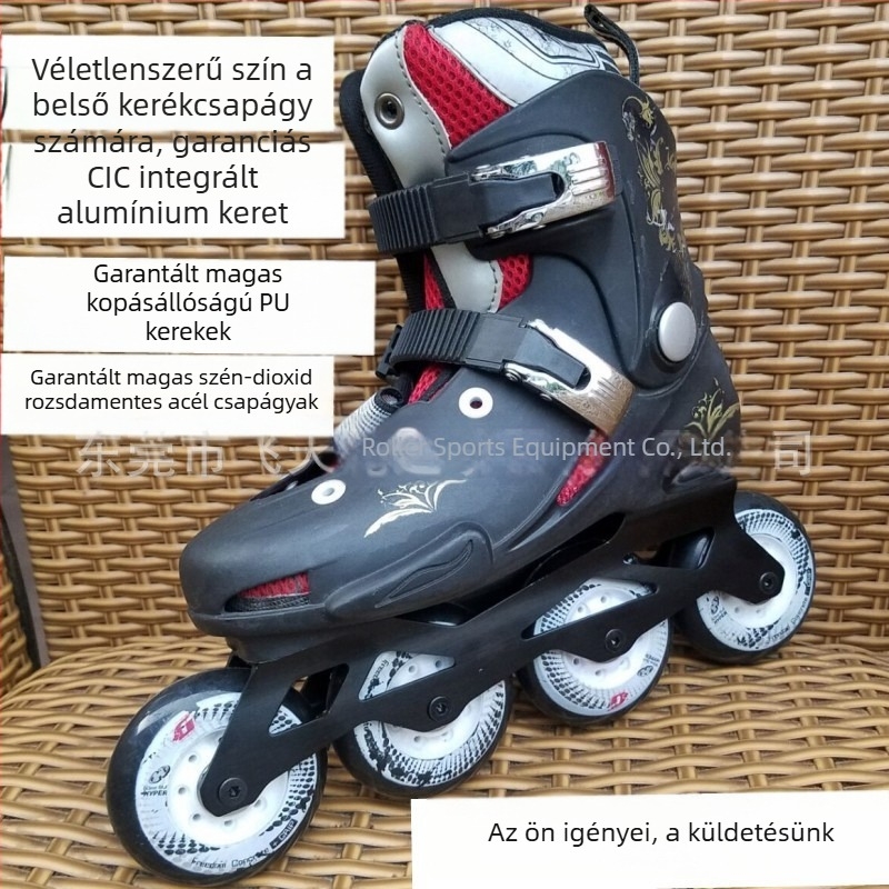 Inline korcsolyák PVC felsőrésszel, PU kerekekkel, tehénín ín talppal, egy sor kerékkel