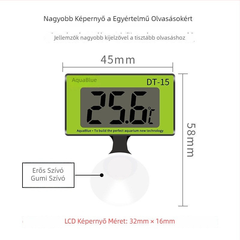 Akvarisztikus hőmérő elektronikus digitális kijelzővel; nagy pontosságú vízhőmérséklet-mérés; környezetbarát ABS anyag.