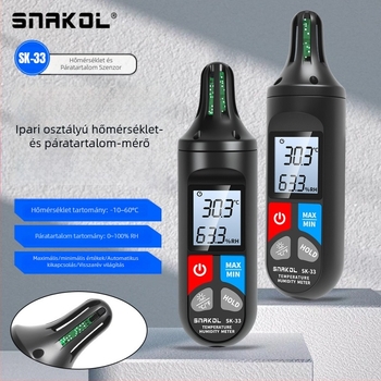 Sneco SK-33 kézben tartható hőmérséklet- és páratartomérő – kiváló pontosságú digitális kijelző, ipari szint, 9V-os elemről működik, környezeti hőmérséklet mérés