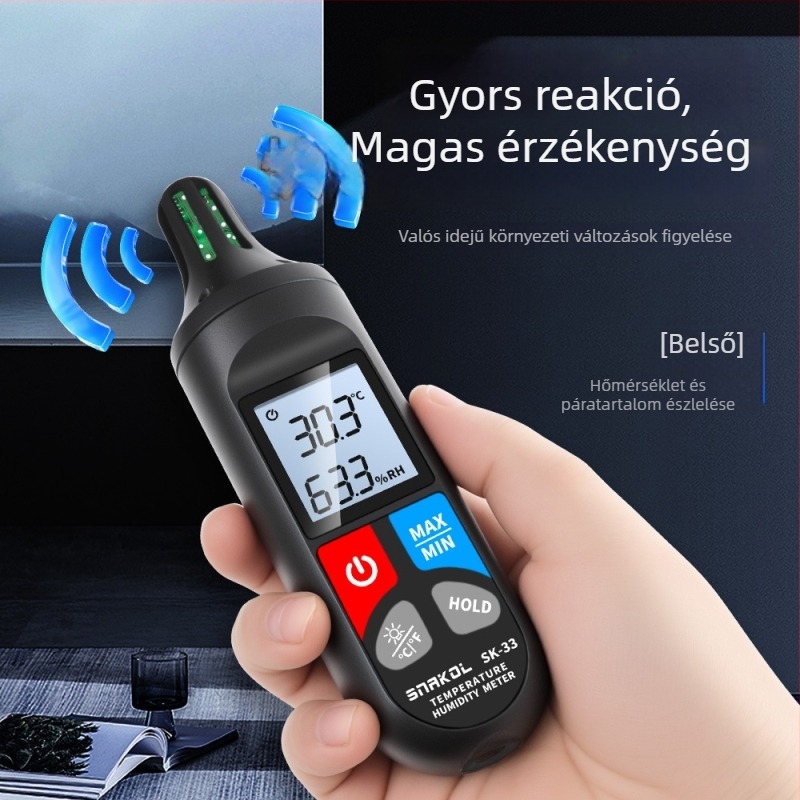 Sneco SK-33 kézben tartható hőmérséklet- és páratartomérő – kiváló pontosságú digitális kijelző, ipari szint, 9V-os elemről működik, környezeti hőmérséklet mérés