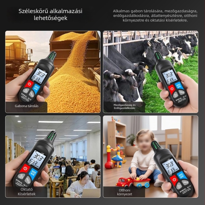 Sneco SK-33 kézben tartható hőmérséklet- és páratartomérő – kiváló pontosságú digitális kijelző, ipari szint, 9V-os elemről működik, környezeti hőmérséklet mérés