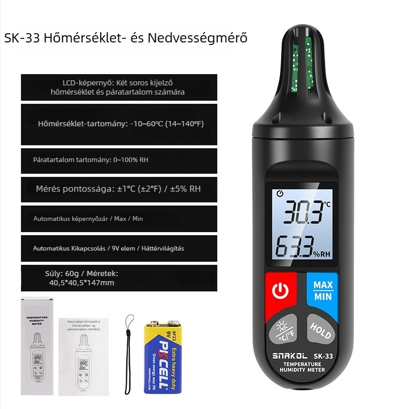 Sneco SK-33 kézben tartható hőmérséklet- és páratartomérő – kiváló pontosságú digitális kijelző, ipari szint, 9V-os elemről működik, környezeti hőmérséklet mérés