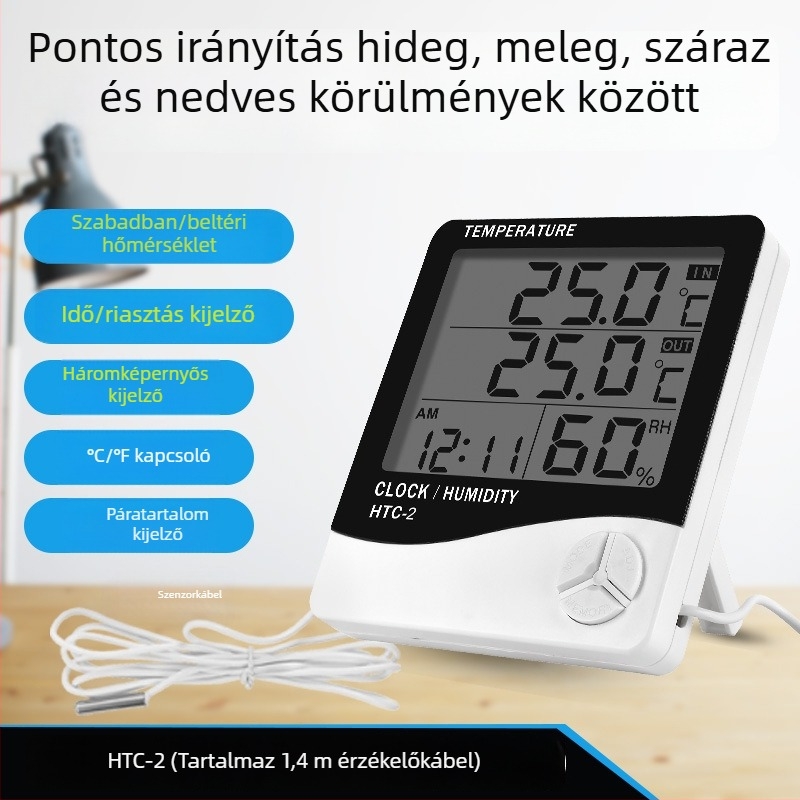 HTC digitális hőmérséklet- és páratartalom-mérő: hőmérséklet-tartomány -50...70 °C; páratartalom 10...90% RH; hőmérséklet pontossága ±1 °C; páratartalom pontossága ±5% RH.