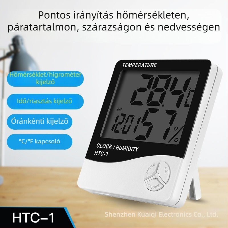 HTC digitális hőmérséklet- és páratartalom-mérő: hőmérséklet-tartomány -50...70 °C; páratartalom 10...90% RH; hőmérséklet pontossága ±1 °C; páratartalom pontossága ±5% RH.