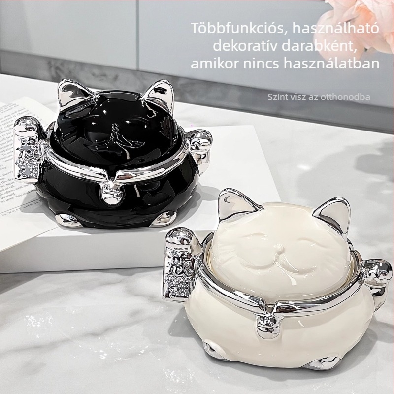 Kerámiából készült Maneki-Neko hamutál fedéllel – modern, kreatív design, testreszabható, stílusok nordikus / rajzfilmszerű / új kínai stílus, Benyi Home Furnishings