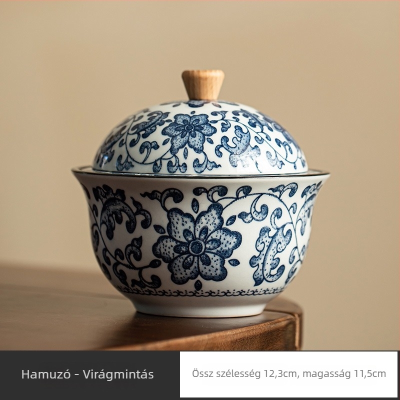 Kék-fehér porcelán hamutartó fedéllel, kerámia asztali dekoratív dísztárgy otthonra vagy irodába
