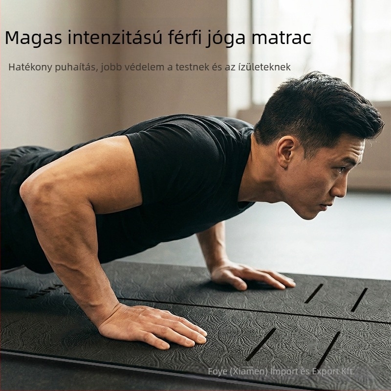 Nyújtott hosszúságú és szélességű jóga matrac, csúszásmentes, hangszigetelő és ütéscsillapító hatású, TPE anyagból; tömeg kb. 850 g; vastagság 0,8 cm; testtartás útmutató vonalak; testreszabás elérhető