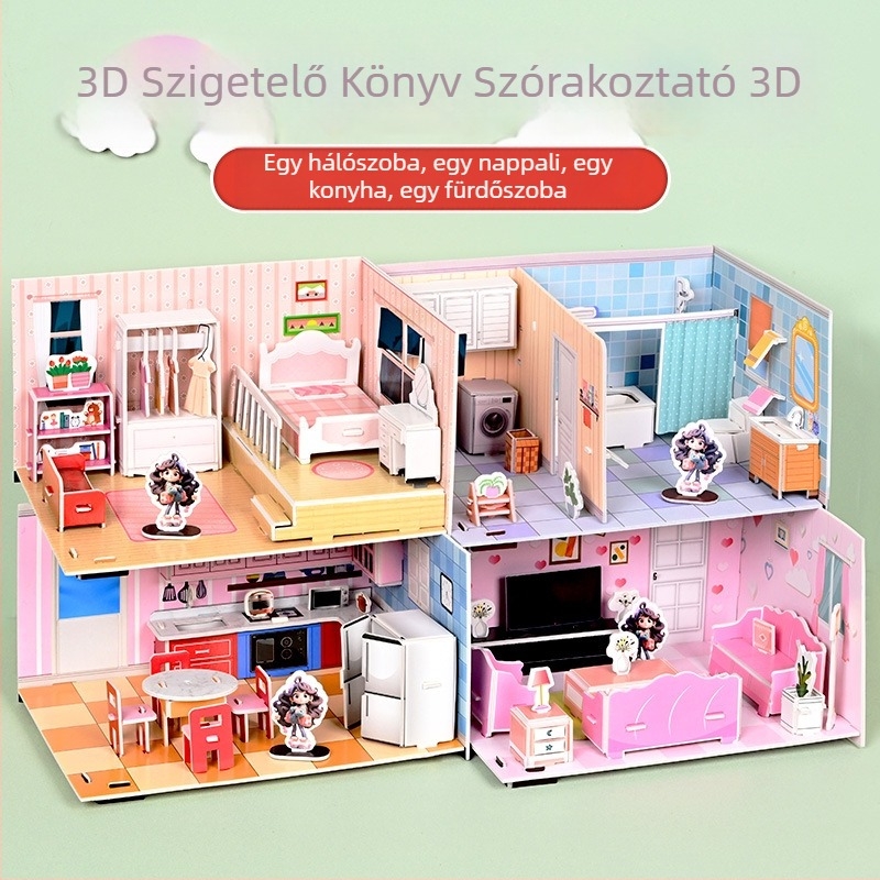 No-Cut 3D Quiet Book DIY Puzzle — Ház összerakása, papír panelek; Anyag: papír; Korcsoport: 4–6 év; Jelenetek: hálószoba, nappali, konyha, fürdőszoba