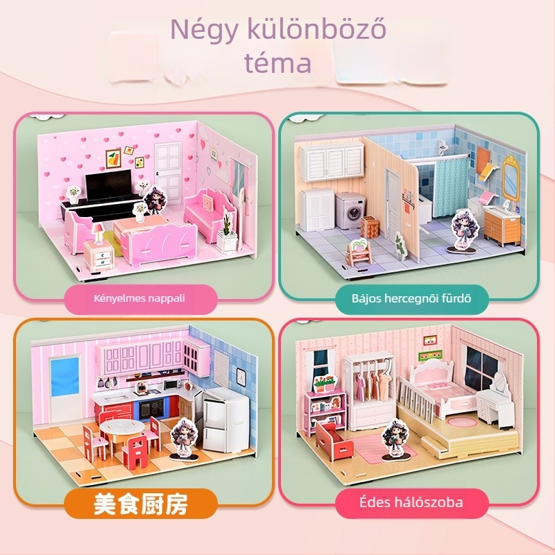 No-Cut 3D Quiet Book DIY Puzzle — Ház összerakása, papír panelek; Anyag: papír; Korcsoport: 4–6 év; Jelenetek: hálószoba, nappali, konyha, fürdőszoba